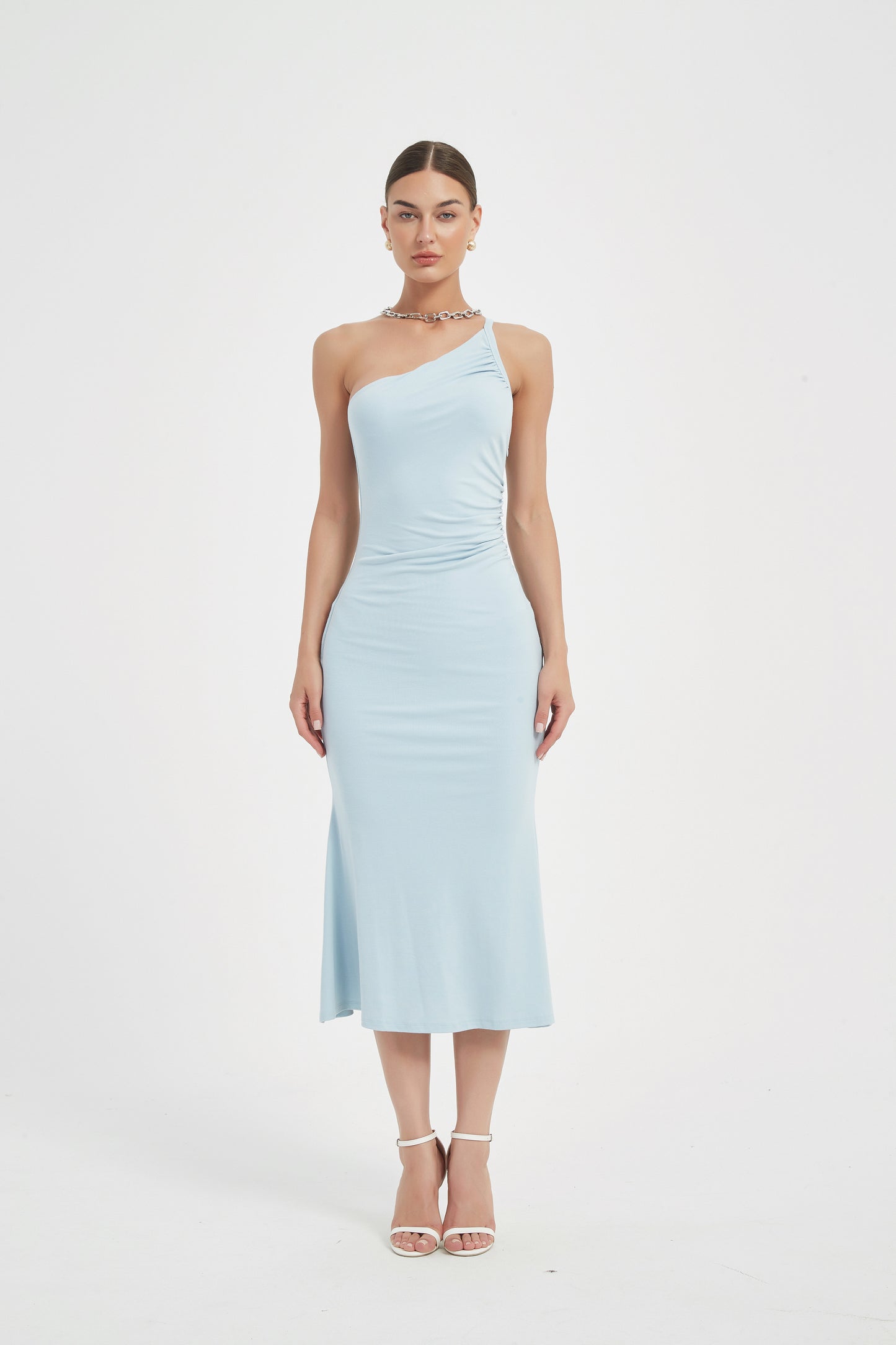 SKYE ASYMMETRIC CHAIN MIDI DRESS
