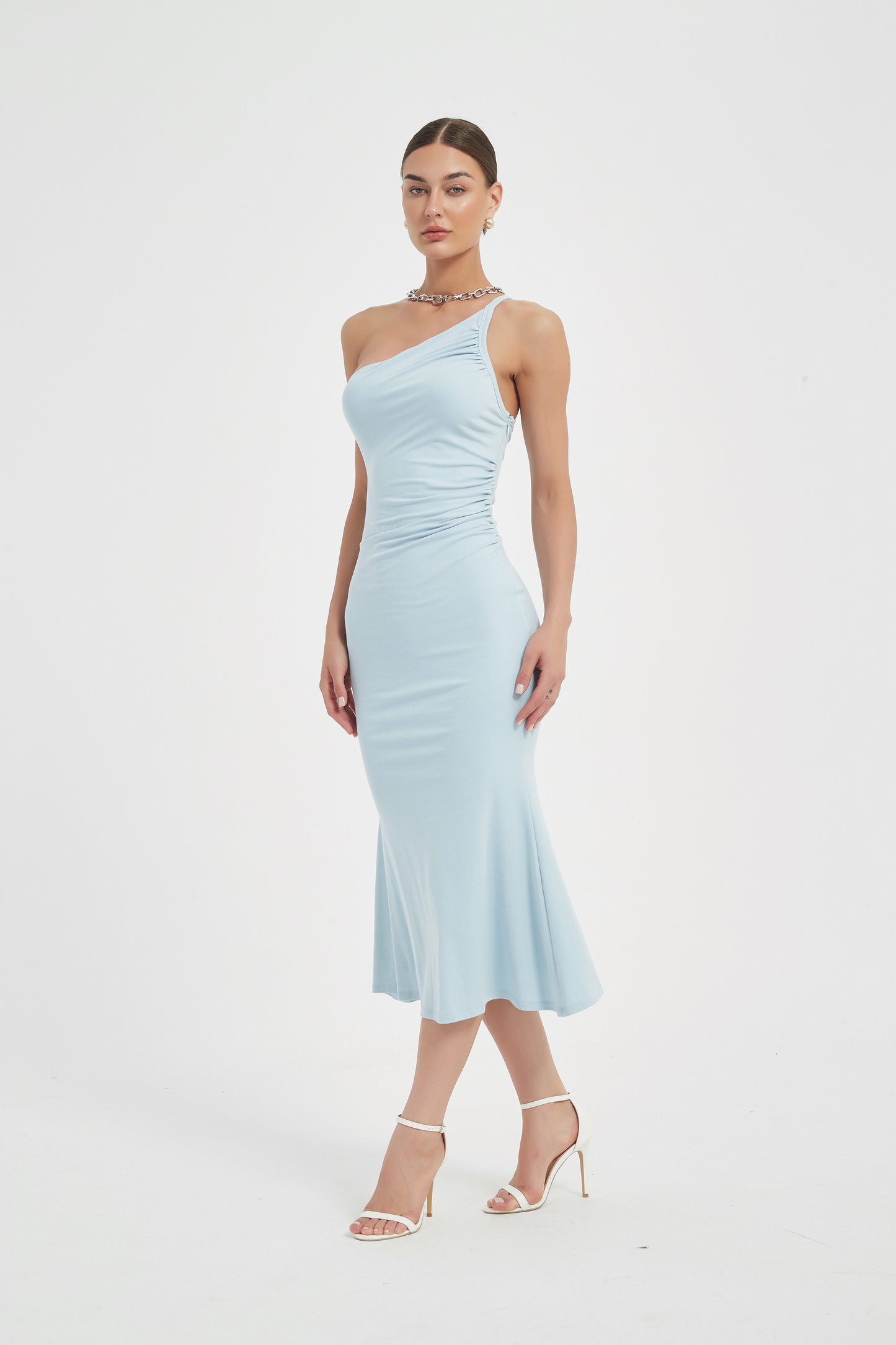 SKYE ASYMMETRIC CHAIN MIDI DRESS