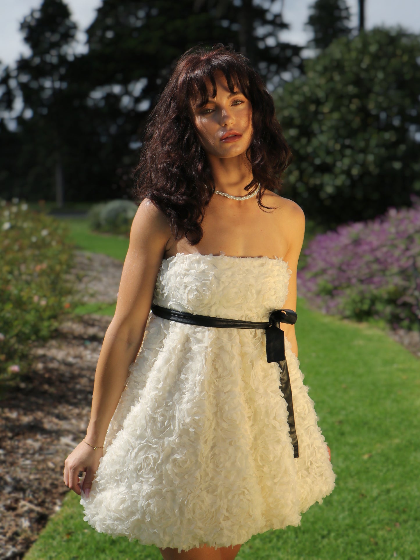 CREAM ROSETTE BABYDOLL DRESS