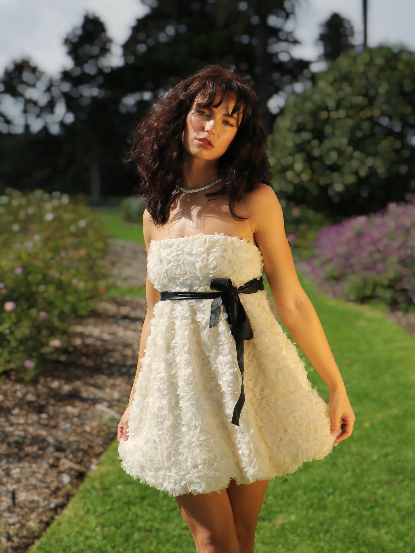 CREAM ROSETTE BABYDOLL DRESS