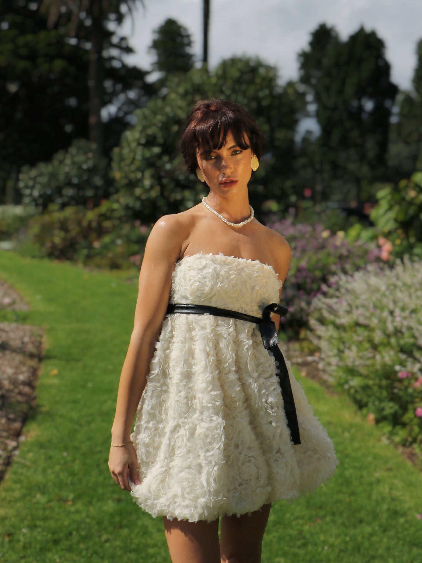 CREAM ROSETTE BABYDOLL DRESS