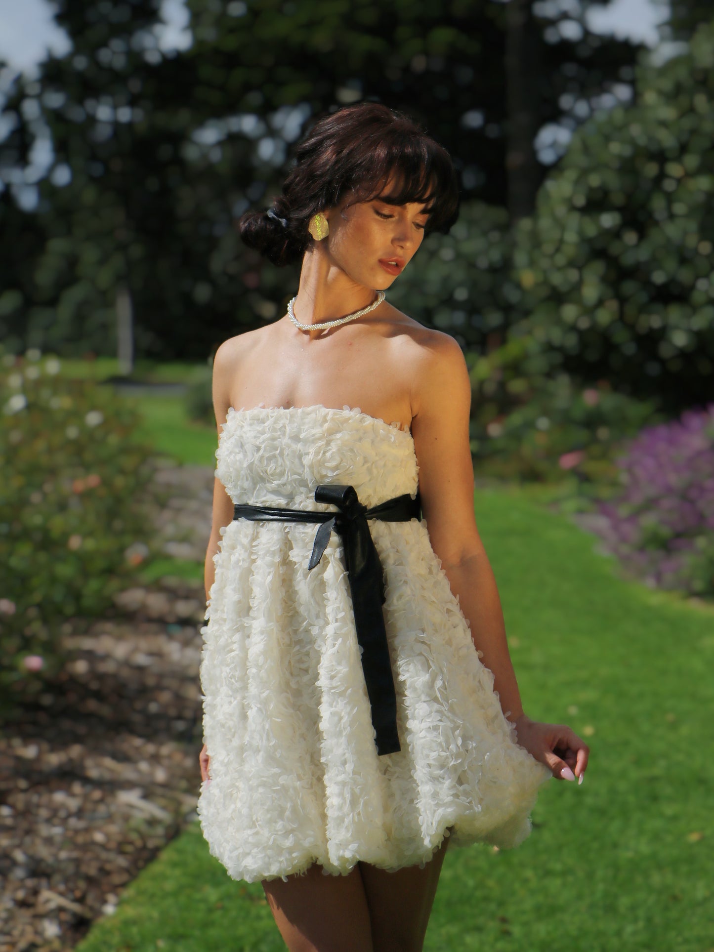 CREAM ROSETTE BABYDOLL DRESS