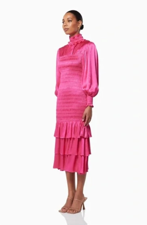 ROSETO SHIRRED SATIN MIDI DRESS