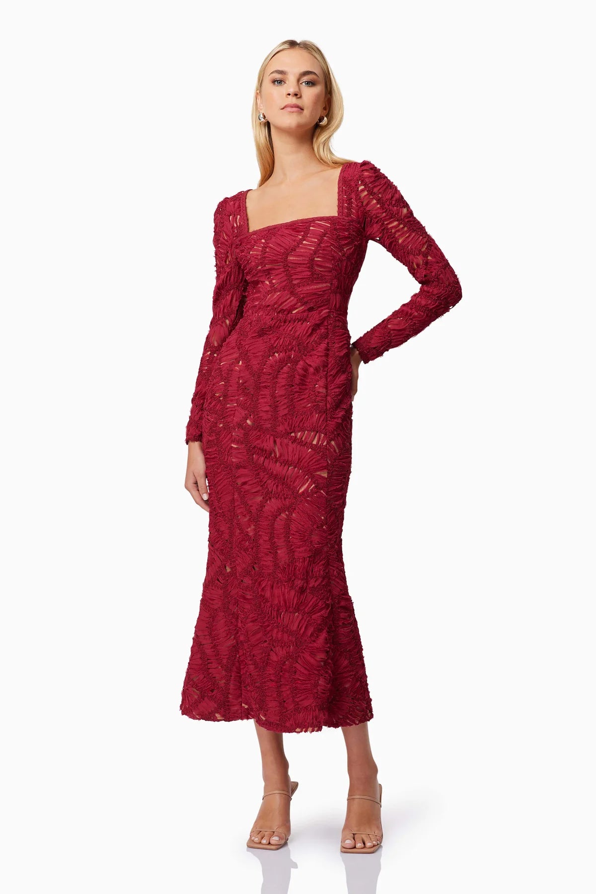 ADDISON MIDI LONG SLEEVE DRESS - RED