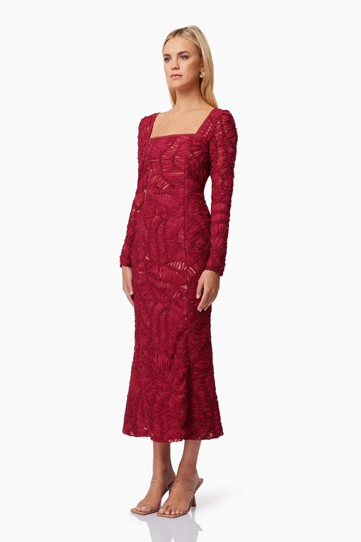 ADDISON MIDI LONG SLEEVE DRESS - RED