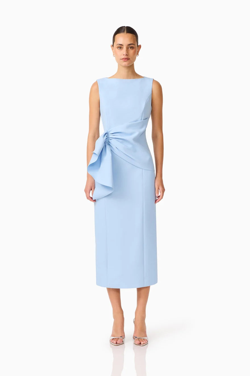 LIORA DRAPED RUFFLE COLUMN MIDI DRESS - SKY BLUE