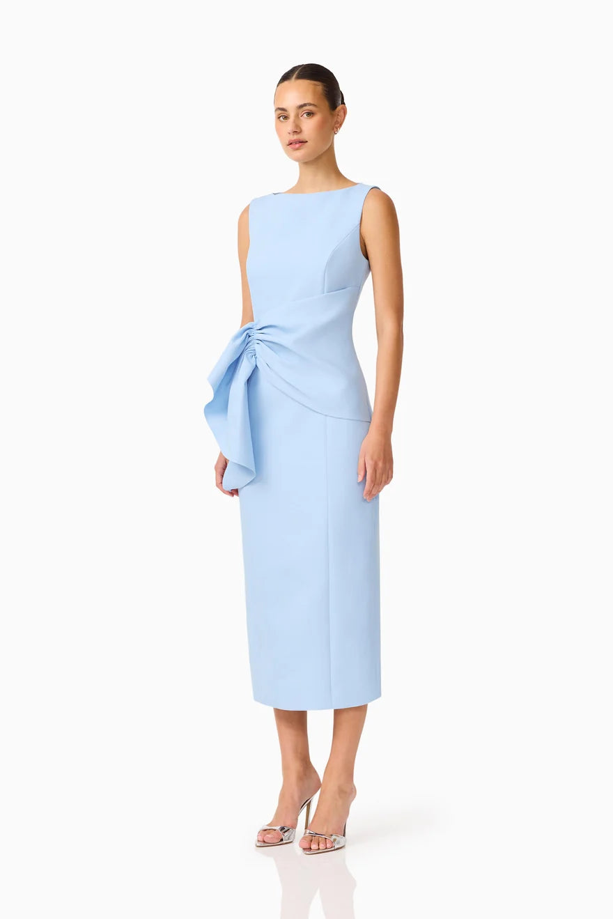 LIORA DRAPED RUFFLE COLUMN MIDI DRESS - SKY BLUE