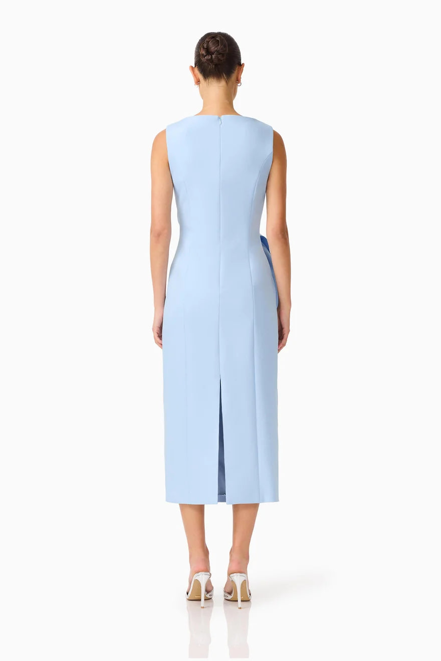 LIORA DRAPED RUFFLE COLUMN MIDI DRESS - SKY BLUE