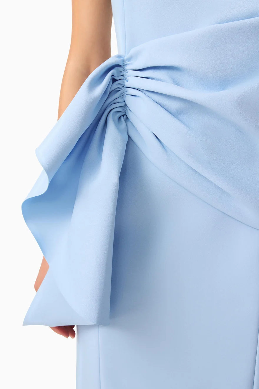 LIORA DRAPED RUFFLE COLUMN MIDI DRESS - SKY BLUE