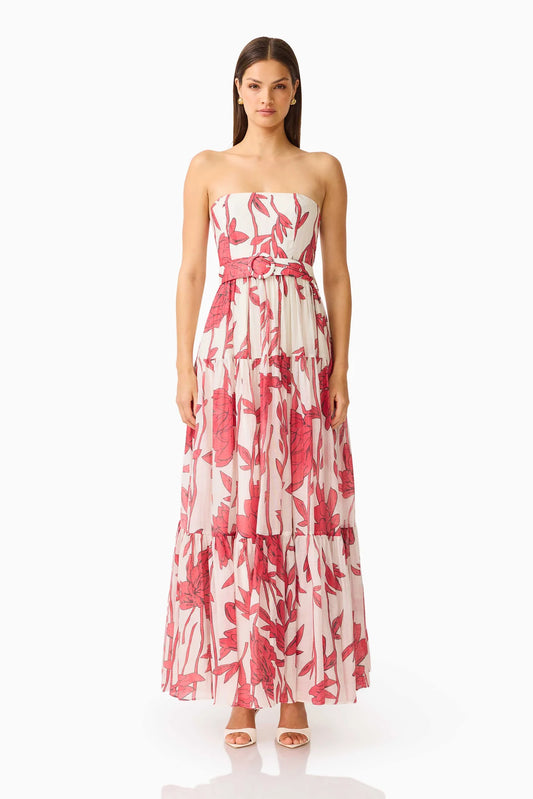 VIVA BELTED MAXI DRESS - WHITE AND RED