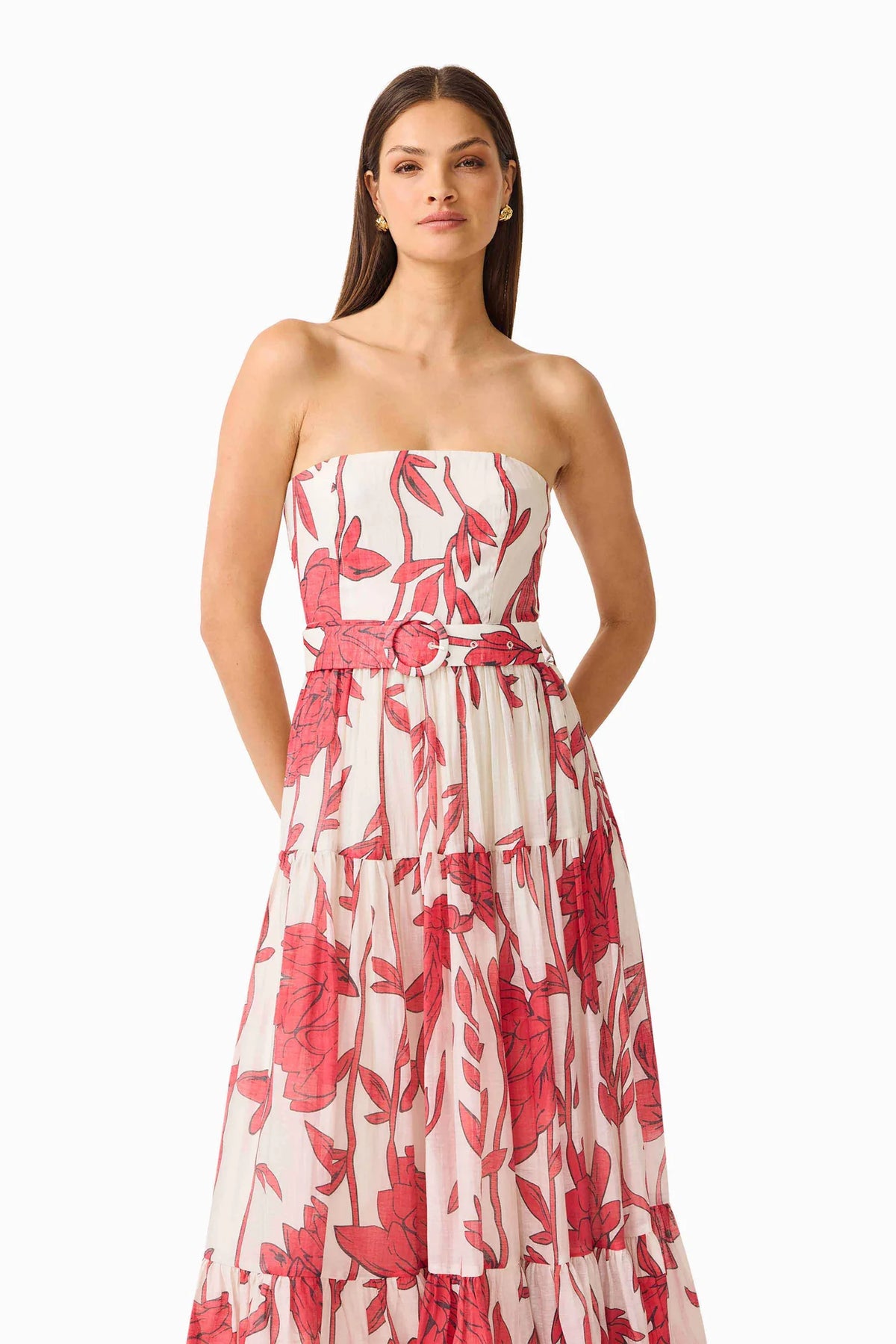 VIVA BELTED MAXI DRESS - WHITE AND RED