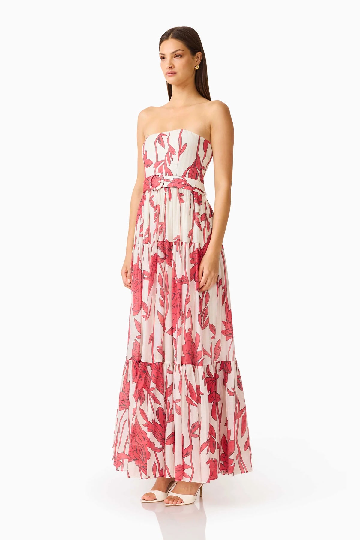 VIVA BELTED MAXI DRESS - WHITE AND RED