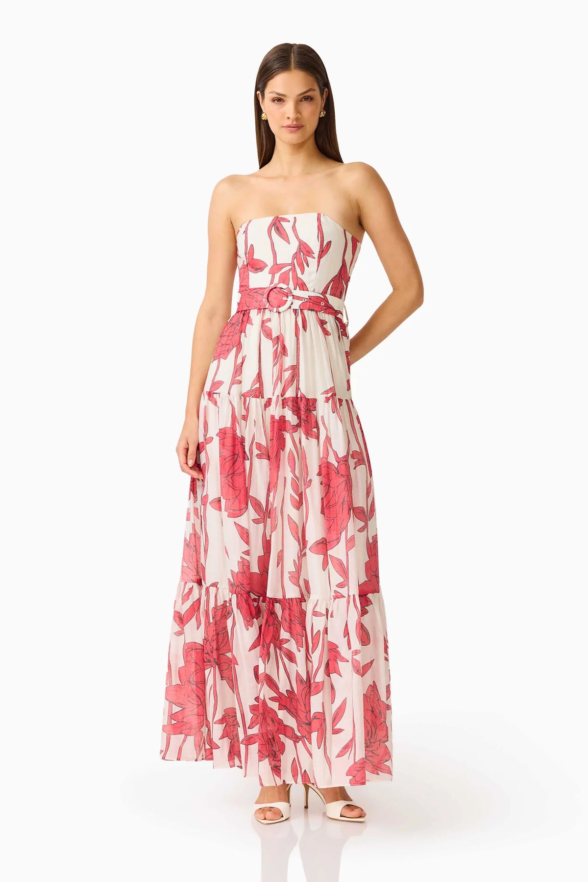 VIVA BELTED MAXI DRESS - WHITE AND RED