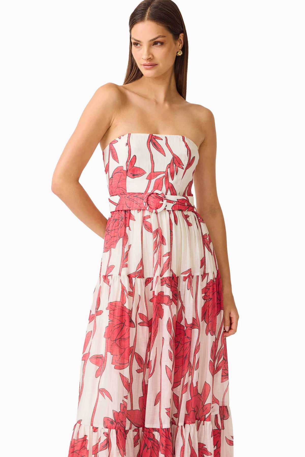 VIVA BELTED MAXI DRESS - WHITE AND RED